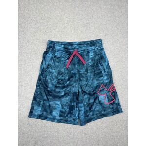 Under Armour Youth Athletic Shorts Blue Camo Pink Logo HeatGear Size YSM